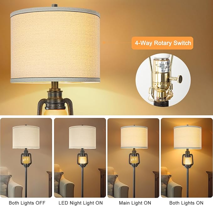 Floor Lamp for Living Room Vintage Standing Lamp with Linen Fabric Hardback Shade Industrial Tall Lamp With Night Light Decor for Living Room, Bedroom,Study, Home Office (Bulb Included)