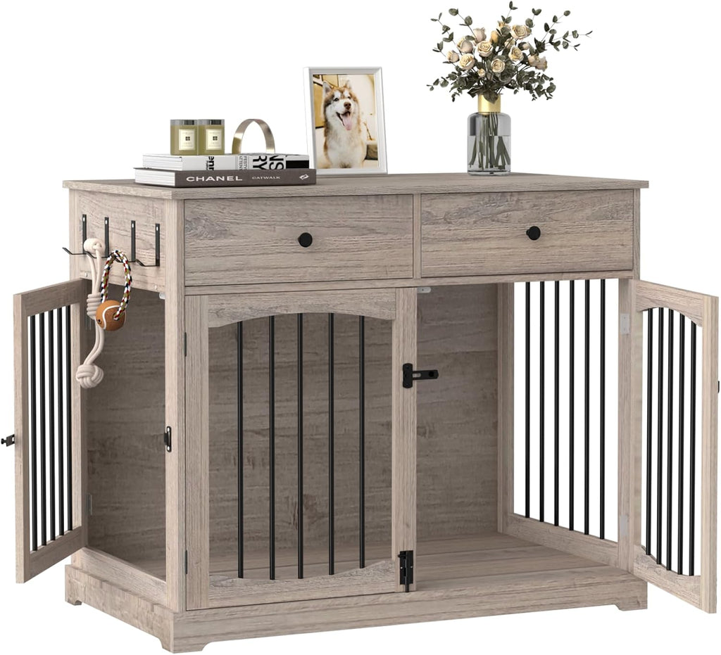 BREEZEHEAT 40 inch Dog Crate Furniture-Farmhouse Dog Kennel with Drawers-End Table Wooden Pet Crate, Double Door Design, Decorative Dog House Indoor for Small Medium Large Dog, Oak Grey