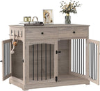 BREEZEHEAT 40 inch Dog Crate Furniture-Farmhouse Dog Kennel with Drawers-End Table Wooden Pet Crate, Double Door Design, Decorative Dog House Indoor for Small Medium Large Dog, Oak Grey