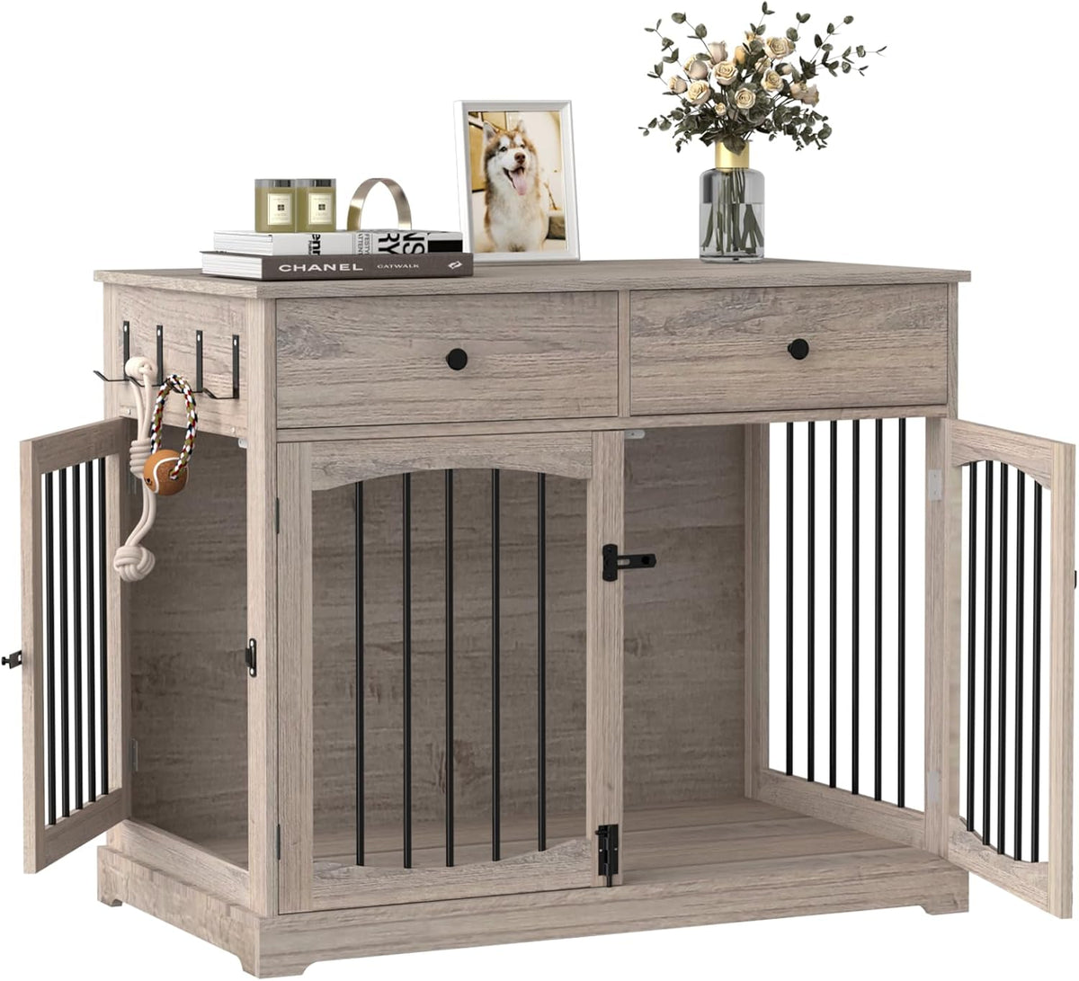 BREEZEHEAT 40 inch Dog Crate Furniture-Farmhouse Dog Kennel with Drawers-End Table Wooden Pet Crate, Double Door Design, Decorative Dog House Indoor for Small Medium Large Dog, Oak Grey