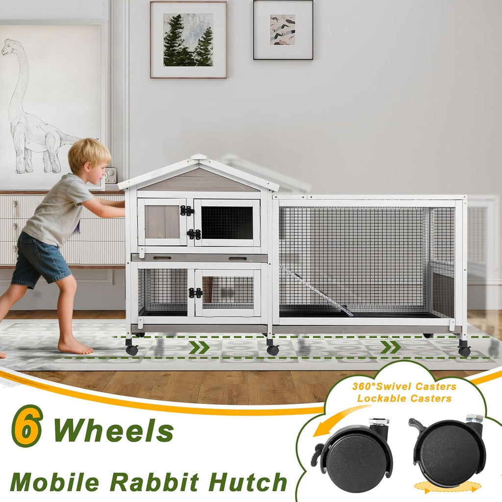 Rabbit Hutch Outdoor Indoor Bunny Hutch with Run 2-Story Large Rabbit Cage on 6 Wheels, 3 Leak Proof Trays, Ramp, Waterproof Roof for Small to Medium Animals, Expandable Design