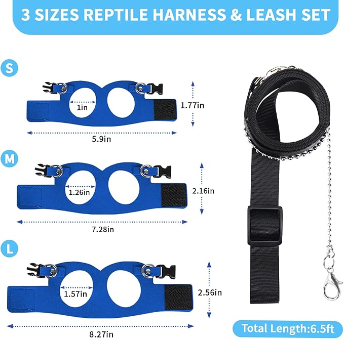 3 Pack Bearded Dragon Leash and Harness Set for Small Animals, 6.5FT Leash with 3 Sizes Adjustable Harness for Lizard Walking Adventure, Soft Vest Clothes for Squirrel Reptile Lovers -Blue