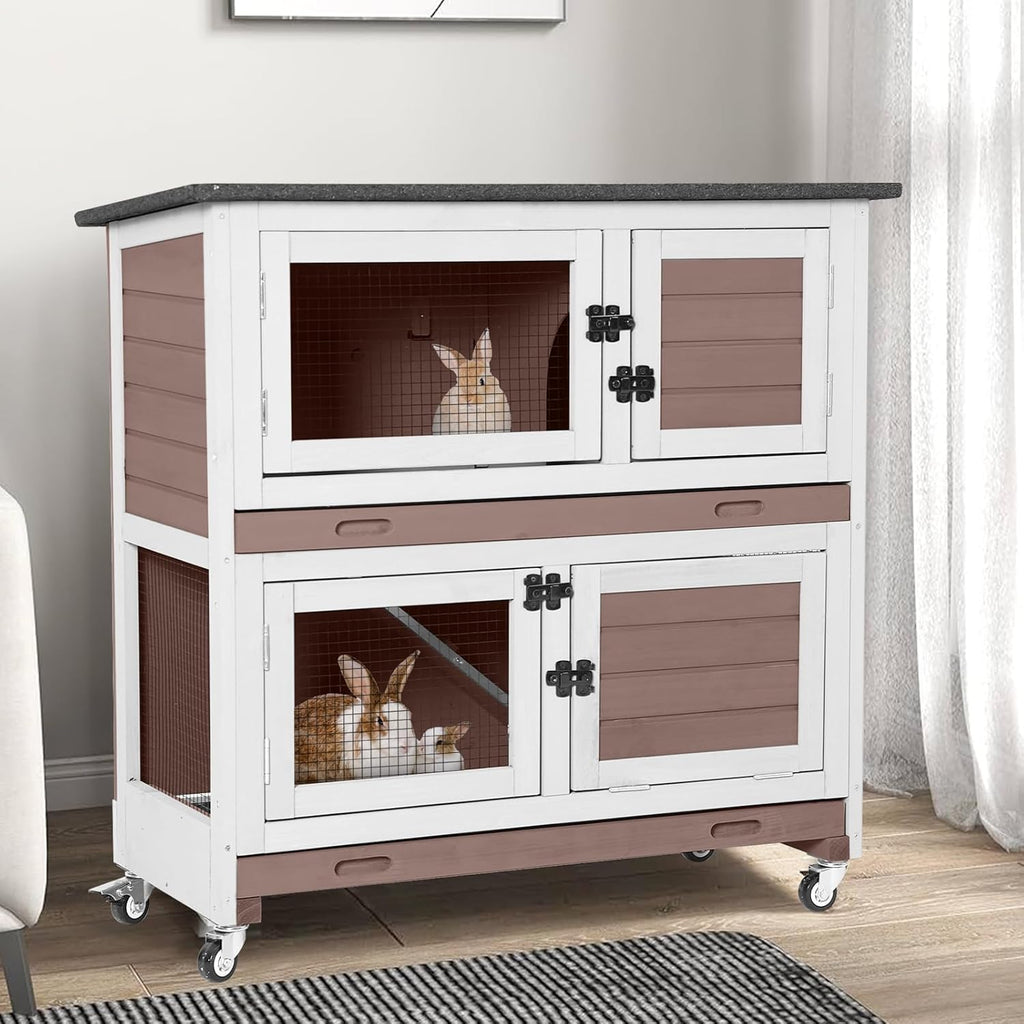 GUTINNEEN Rabbit Hutch Indoor with Chew-Proof Design, Wooden Bunny Cage Guinea Pig Cages with Lockable Wheels, Leak-Proof Trays for 1-3 Rabbits, Guinea Pigs, Small Animals (Brown)