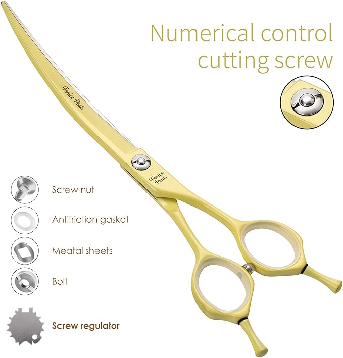 Fenice Peak Curved Dog Grooming Scissors with Yellow Color Coating 440C Stainless Steel Pet Grooming Bending Shears Sharp and Durable Comfortable Engonomic Handle