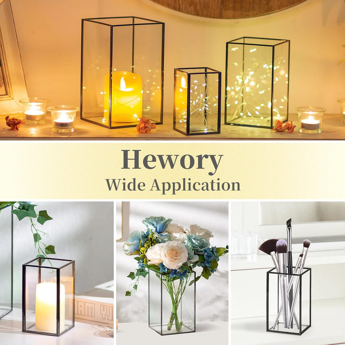 Glass Hurricane Candle Holder Large - Hewory 6pcs Black Rectangle Flower Holders Centerpiece for Table, Tall Floor Square Pillar Candle Lantern for Wedding, Anniversary, Party, Fireplace, Dining Room