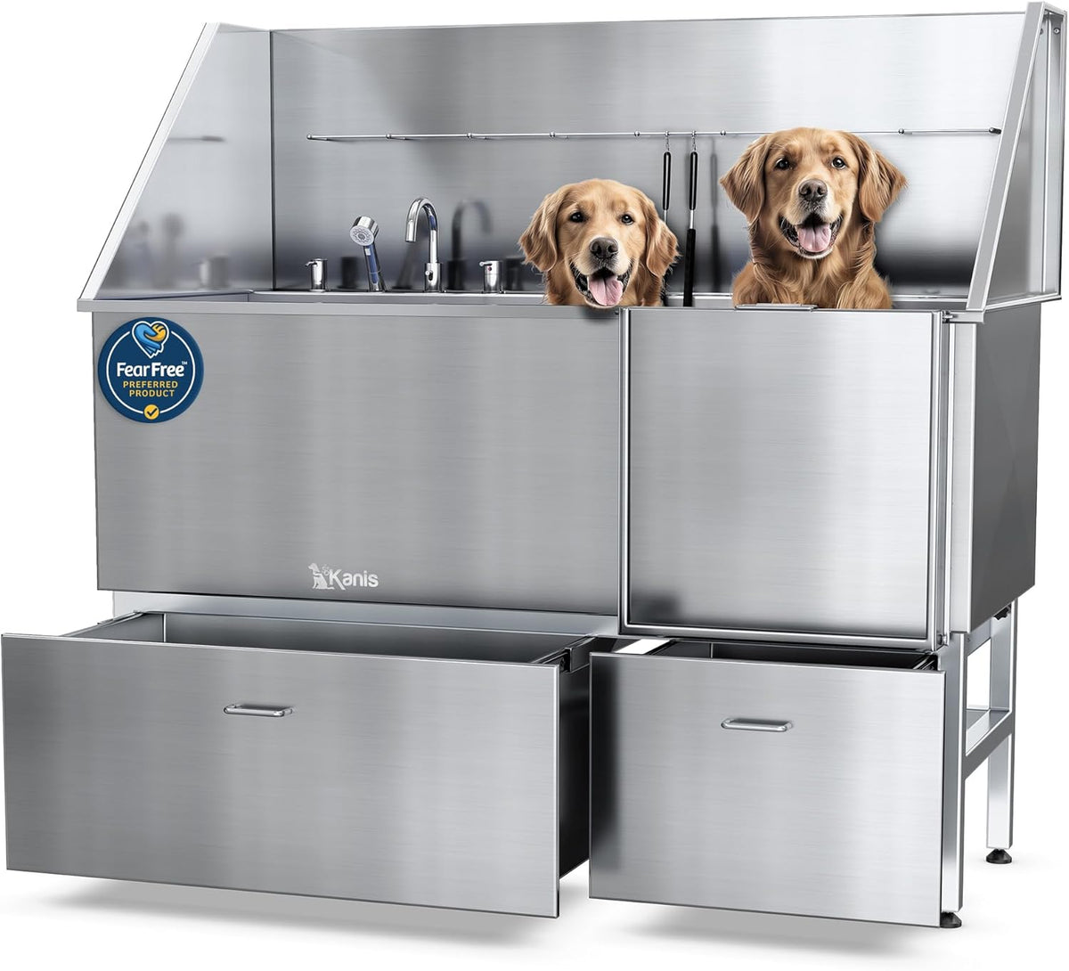 KANIS Professional Dog Washing Station - 304 Stainless Steel Pet Wash Sink & Grooming Bath Tub for Home with Ramp, Shower, Floor Grate, Storage Drawers, and Faucet for Large, Medium & Small Pets