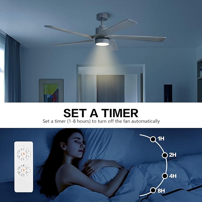 WINGBO 64 Inch DC Ceiling Fan with Lights and Remote Control, 5 Reversible Carved Wood Blades, 6-Speed Noiseless DC Motor, Modern Ceiling Fan in Graphite Finish with Gray Blades, ETL Listed