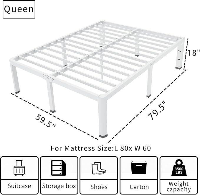 ROIL 18 Inch White Queen Bed Frame with Rounded Corner and Headboard Hole Mattress Retainers 3500LBS Heavy Duty Steel Slats No Box Spring Needed Platform Noise-Free Easy Assembly