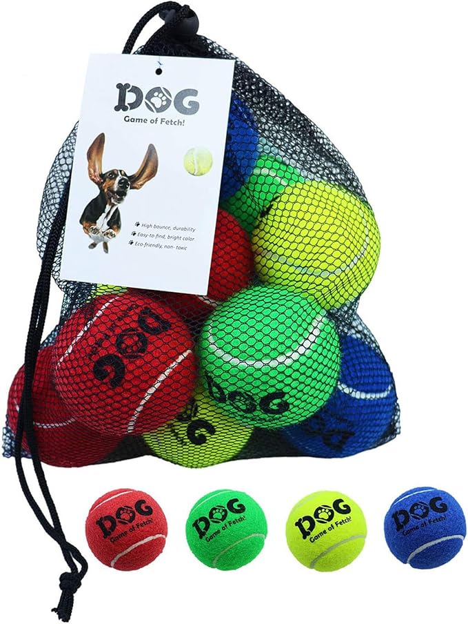 AMA SPORT Tennis Balls for Dogs 12 Pack 2.5" Multi Colors Dog Tennis Balls for Puppy Small Medium Dog Toys, Designed for Dogs Floating Water-Hunting Fetch Fun Playing Daily Exercise Mid-air Catching