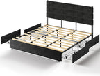 WLIVE King Size Upholstered Bed Frame with 4 Drawers and Velvet Square Tufted Headboard, Sturdy Metal & Wooden Slats Support, No Box Spring Needed, Easy Assembly, Black