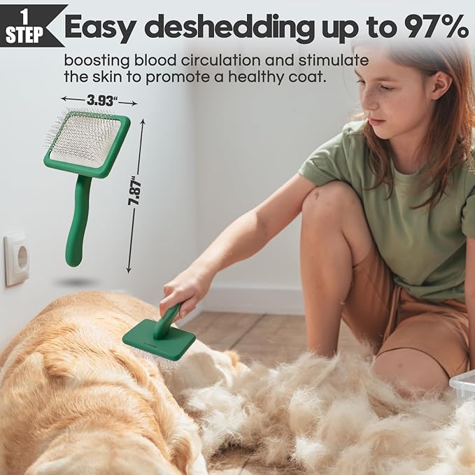 Dog Slicker Brush for Dogs Grooming Kit 4PCS | Large Dog Brush for Goldendoodles Poodles Doodles | Long Pin Haired Brush | Poodle Brushes and Comb (Green)