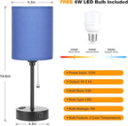 Blue Table Lamps 3 Color Temperatures - 3000K 4000K 5000K Bedside Lamps with USB C and A Ports, Pull Chain Lamps for Bedrooms with AC Outlet, Nightstand Lamps with Black Metal Base for Kids Boys