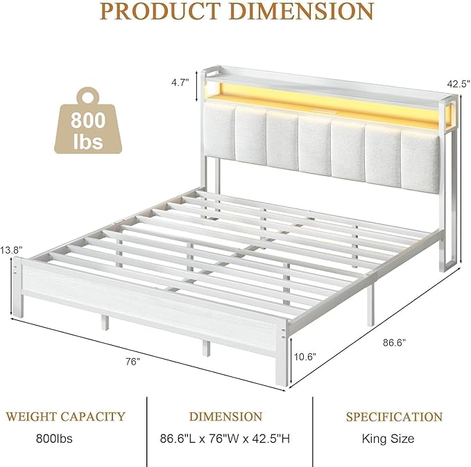 King Bed Frame with LED Lights and Charging Station, Metal Platform Bed Frame King with Upholstered Storage Headboard, Heavy Duty Metal Slats, No Box Spring Needed, Easy Assembly, White