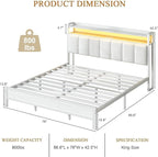 King Bed Frame with LED Lights and Charging Station, Metal Platform Bed Frame King with Upholstered Storage Headboard, Heavy Duty Metal Slats, No Box Spring Needed, Easy Assembly, White
