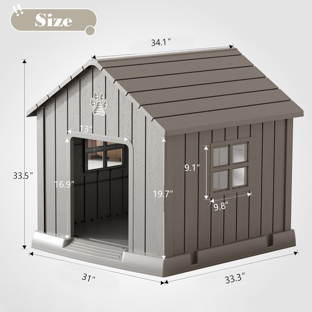 Large Dog House Outdoor Indoor for Medium Large Dogs, Durable Plastic Waterproof Doghouse with Air Vents and Elevated Floor, Easy Clean and Assemble (Grey, 31" L x 33.3" W x 33.5" H)