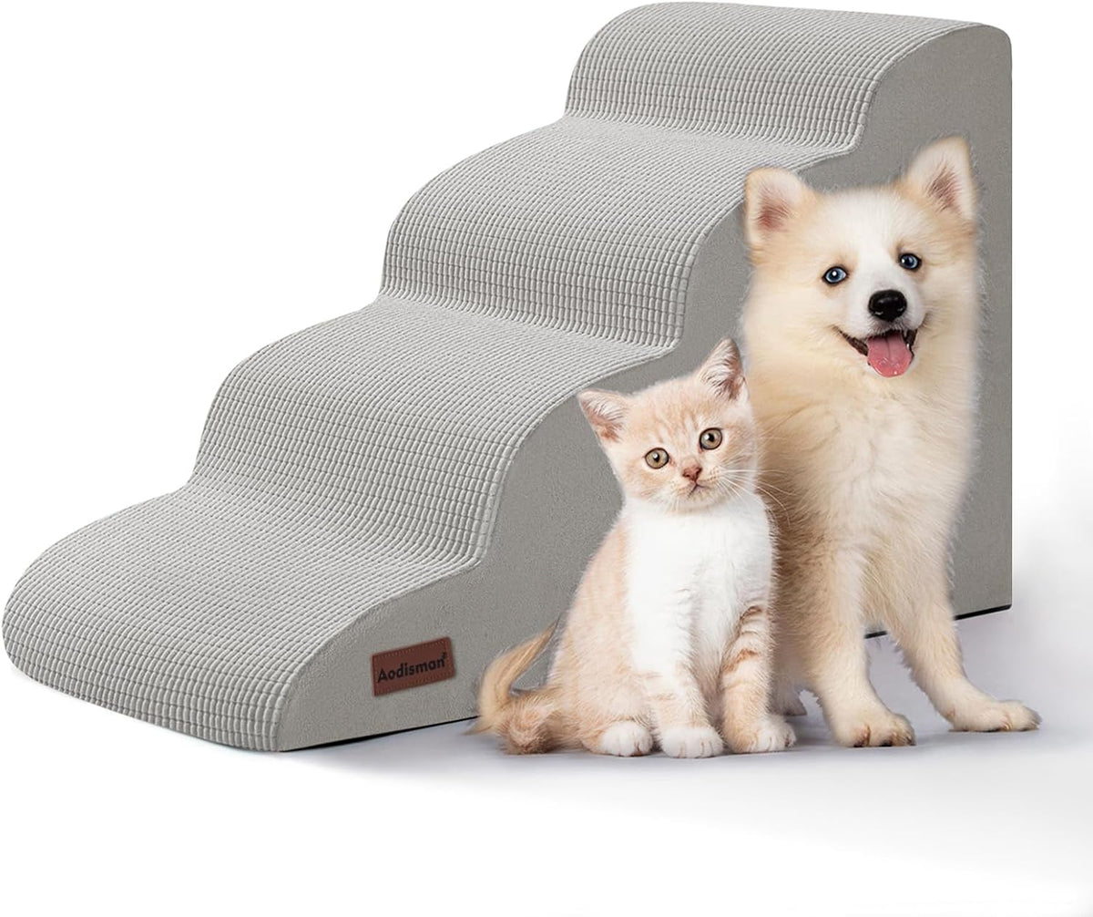 4-Step Dog Stairs and Ramp for Beds or Couches,Non-Slip Sturdy Pet Steps for Small Dogs and Cats,17.4" H,Light Grey