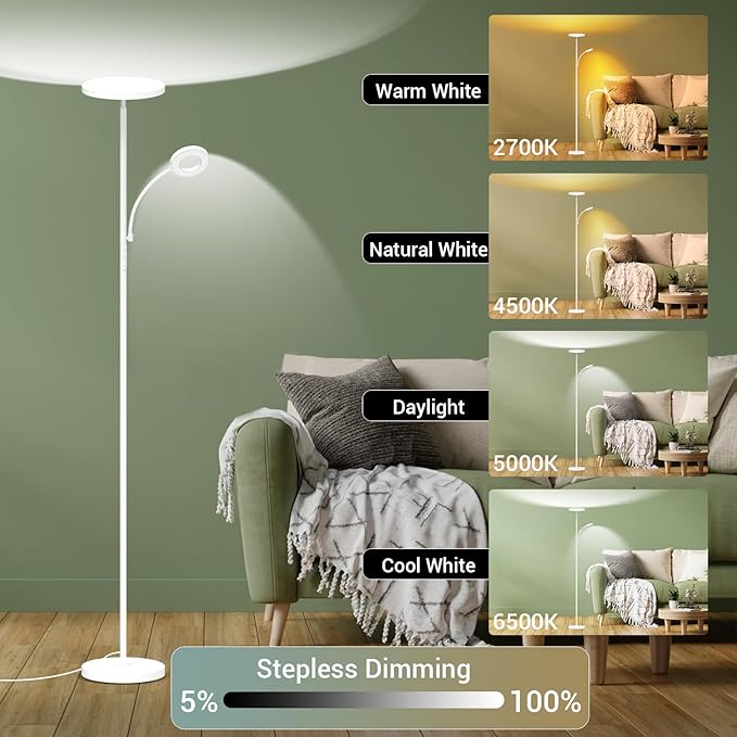 White Floor Lamp, 42W 4000LM Super Bright LED Room Lamp with Adjustable Reading Light,Dimmable Modern Standing Lamp with Remote & Touch Control for Room Bedroom Office Floor Light