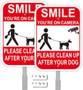 2Pack Clean UP After Your Dog Signs with 28-inch Metal Stake, 12x8 Inches, Smile You're on Camera, No Pooping Signs for Yard Aluminum
