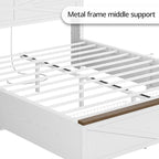 IRONCK Farmhouse King Size Bed Frame with LED Light and Charging Station, Wood Bed Frame with Storage Headboard and 2 Drawers， Barn Door Design, Sturdy and Noiseless, White