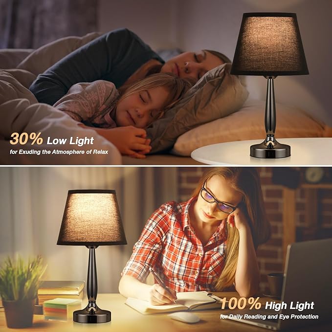 Kakanuo Touch Bedside Lamp for Bedroom with USB C Port, Small Touch Table Lamp with 2 USB Charging Ports, 3 Way Dimmable Nightstand Lamp for Living Room and Office - Black (LED Bulb Included)
