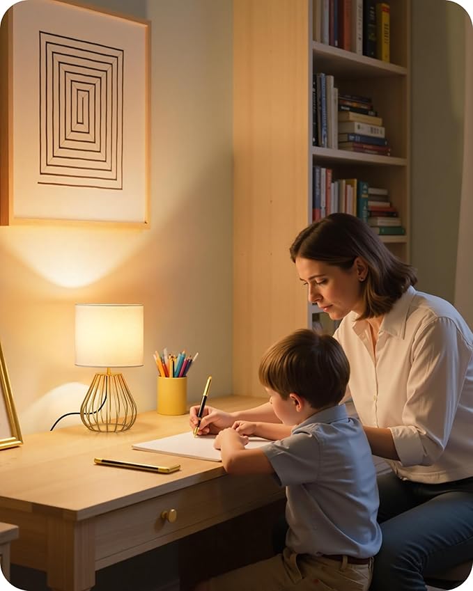 Gold Table Lamp Set of 2, Small Bedside Lamp with Gold Metal Base & White Linen Lampshade, Modern Nightstand Lamp, Little Cute Desk Lamp for Bedroom, 2700K LED Bulb Included DCW06TLP205
