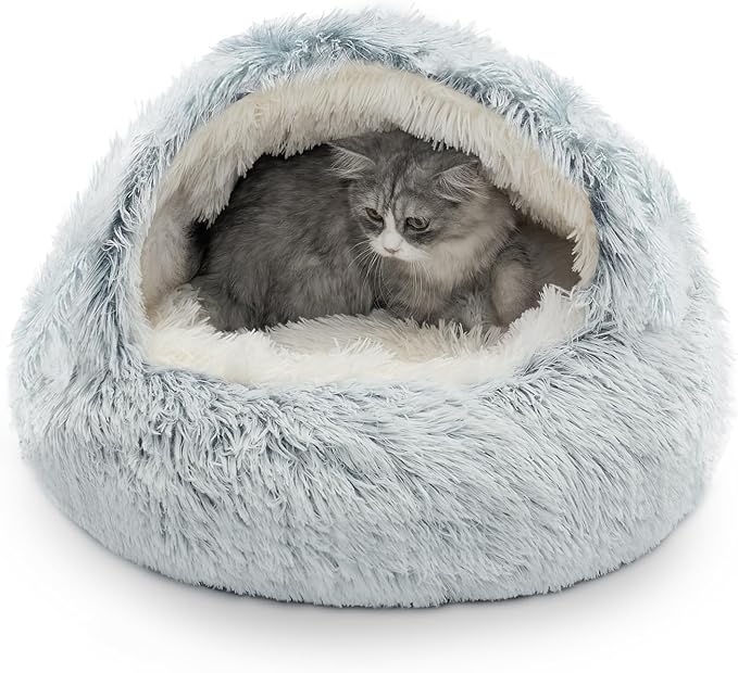 CATISM Cozy Cat Pod - Plush Hooded Cat Bed Cave, Self Warming, Removable Washable with Non-Slip Bottom