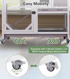 Rabbit Hutch 2-Story Wooden Bunny Cage with 2 Leak-Proof Sliding Trays, Chew-Proof Metal Mesh, Rainproof Cover, Indoor & Outdoor Guinea Pig House with Wheels - Grey