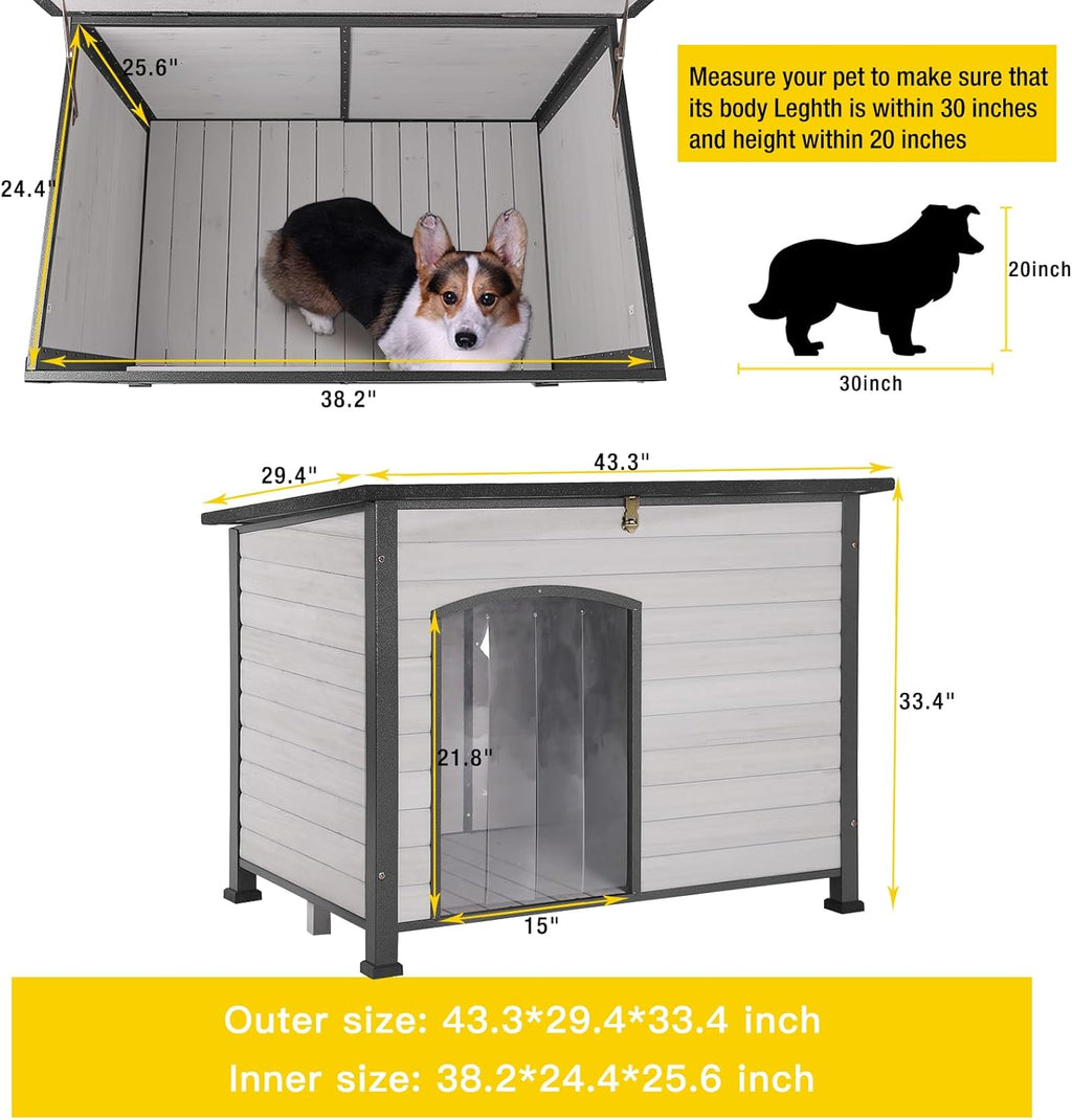 Aivituvin Large Dog House Outdoor Indoor Weatherproof Dog House for Small & Medium & Large Dogs with Unique All-Around Iron Frame＆Raised Feet（White）