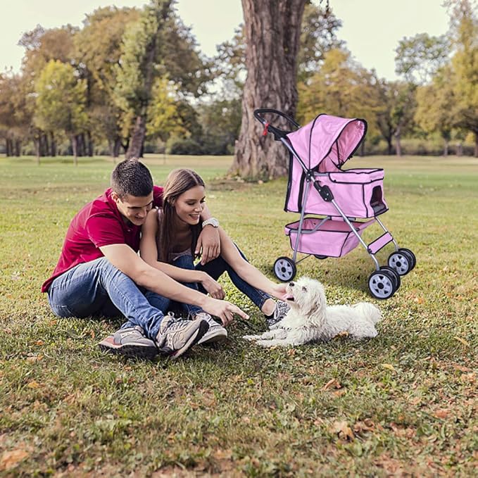 4 Wheels Pet Stroller Cat Dog Cage Stroller Travel Folding Carrier with Cup Holders and Removable Liner for Small-Medium Dog, Cat (Pink)
