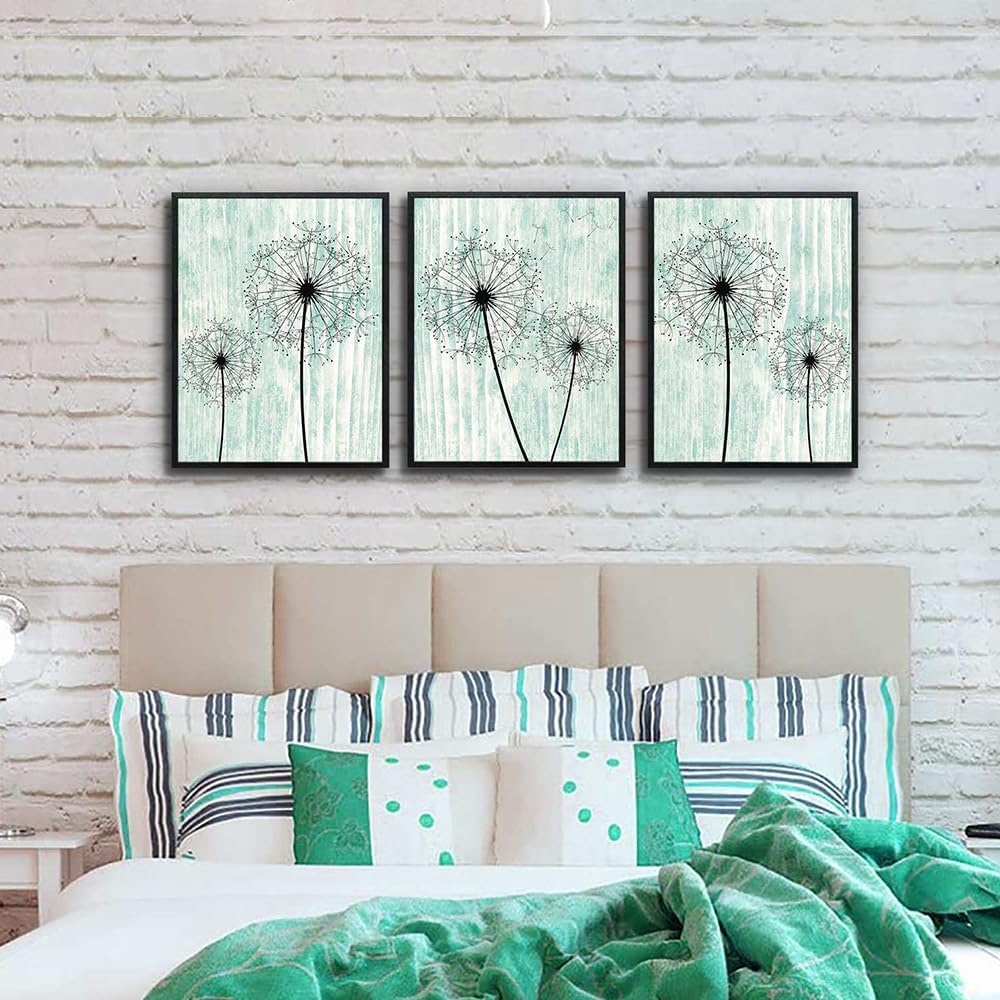 AHUASJART Black Framed Wall Art for Living Room Wall decor for Bedroom Room Decor light green background Pictures Dandelion Paintings posters kitchen Home Decorations 3 Piece Framed Prints Artworks