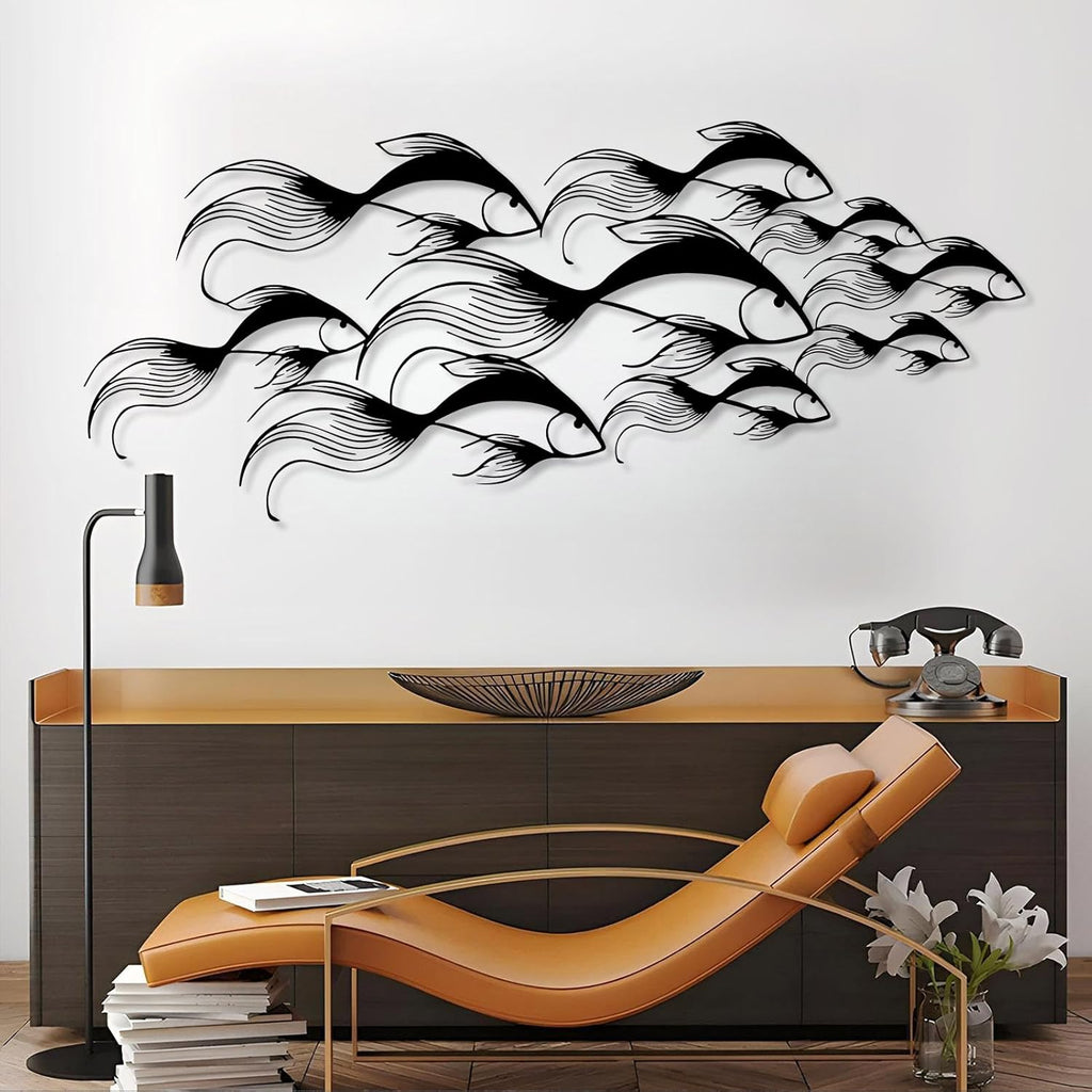 School of Fish Metal Wall Art, Metal Fish Wall Decor, Sea Life Wall Art, Large Nautical Wall Hanging, Modern Beach House Wall Decor, Ocean Themed Artwork for Bathroom (Silver, 59"x25" | 150x64cm)