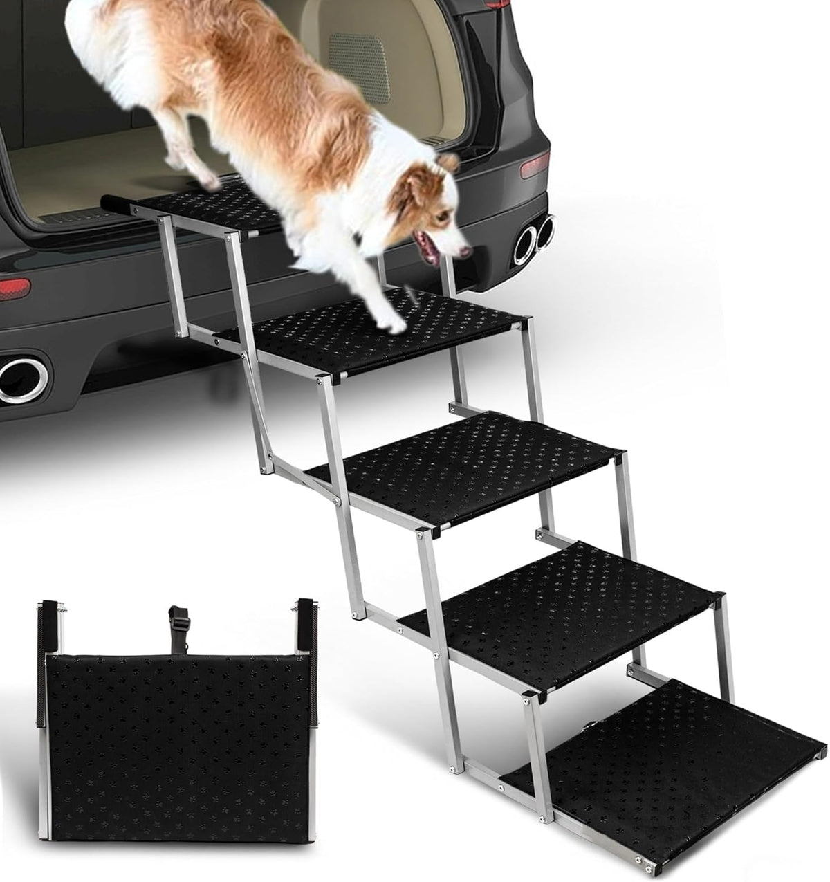 Niubya Portable Folding Dog Stairs for Cars, SUVs, Trucks - Lightweight Pet Ramp for Large Dogs with Non-Slip Surface - Reinforced Steps Support Up to 200 lb, 5 Steps