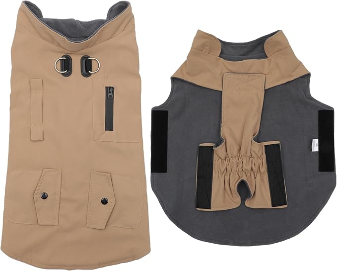 Workwear Style Dog Coats with Harness Built in for Small Dogs Windproof Warm Puppy Jacket with Storage Pockets for Cold Winter,LightBeige M