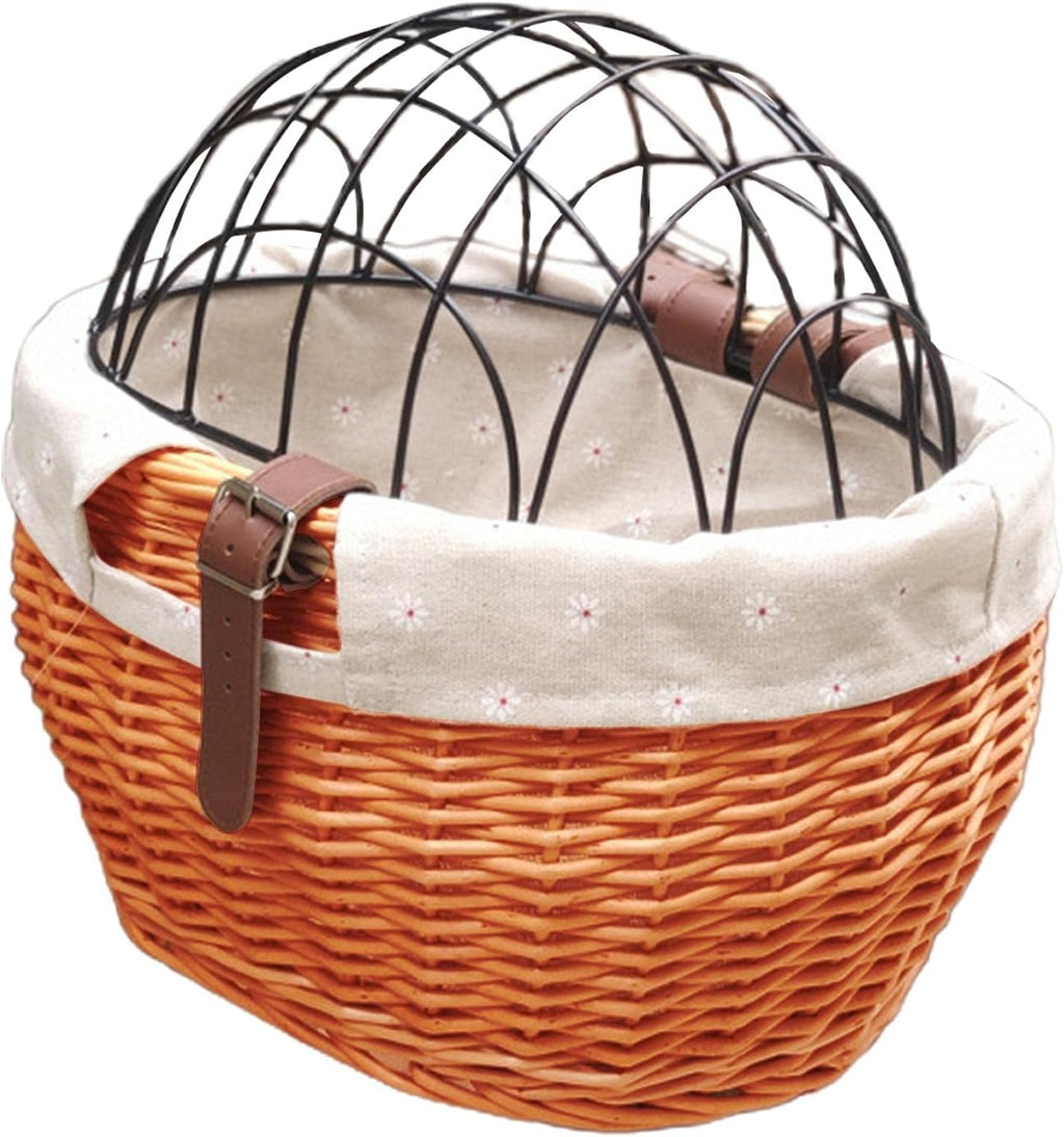 Bike Pet Basket, Wicker Bike Basket for Small Dogs Cats Pet Carrier Front Basket with Wire Mesh Cover and Lid, Wicker Basket for Dogs and Cats, Rattan Storage Basket, 11.81 * 9.84 inch (A)