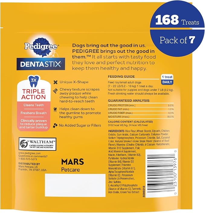 Pedigree Dentastix Small and Toy Breed Dog Treats, Beef Flavor, (7) 24ct Bags (168 Treats Total)