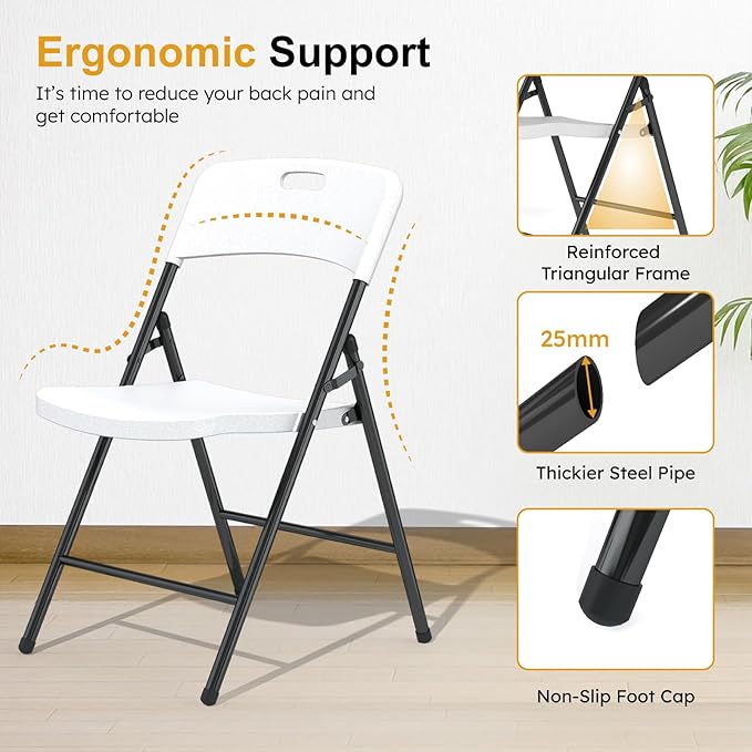 8 Pack Folding Chairs, 700lbs Capacity Heavy Duty Folding Chair with Reinfoced Steel Frame for Indoor/Outdoor Use, White Plastic Foldable Chairs for Party, Patio, Meeting, Wedding and School