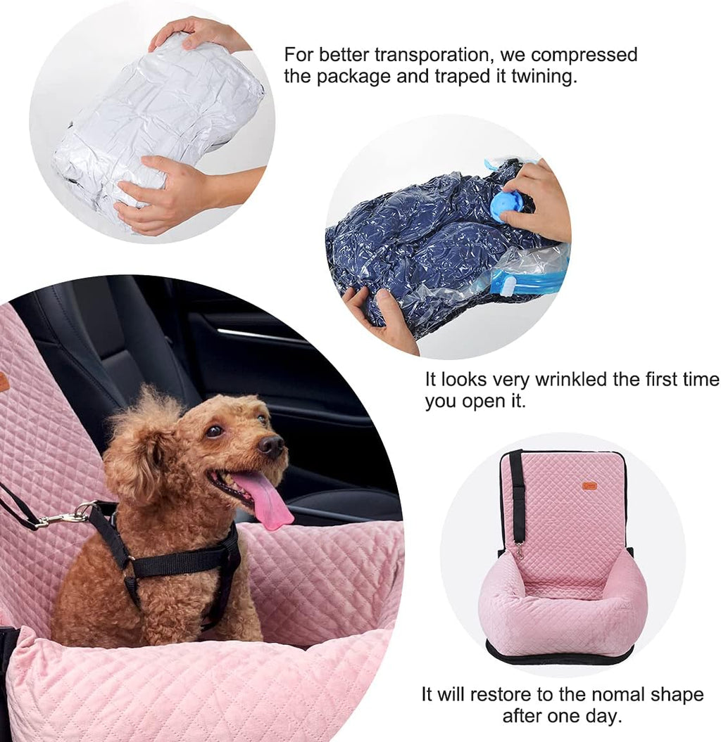 Dog Car Seat for Small Medium Dogs Up to 40lbs, Detachable Washable Soft Pet Booster Travel Bed for Front & Pink Seat with Safety Leash Belt