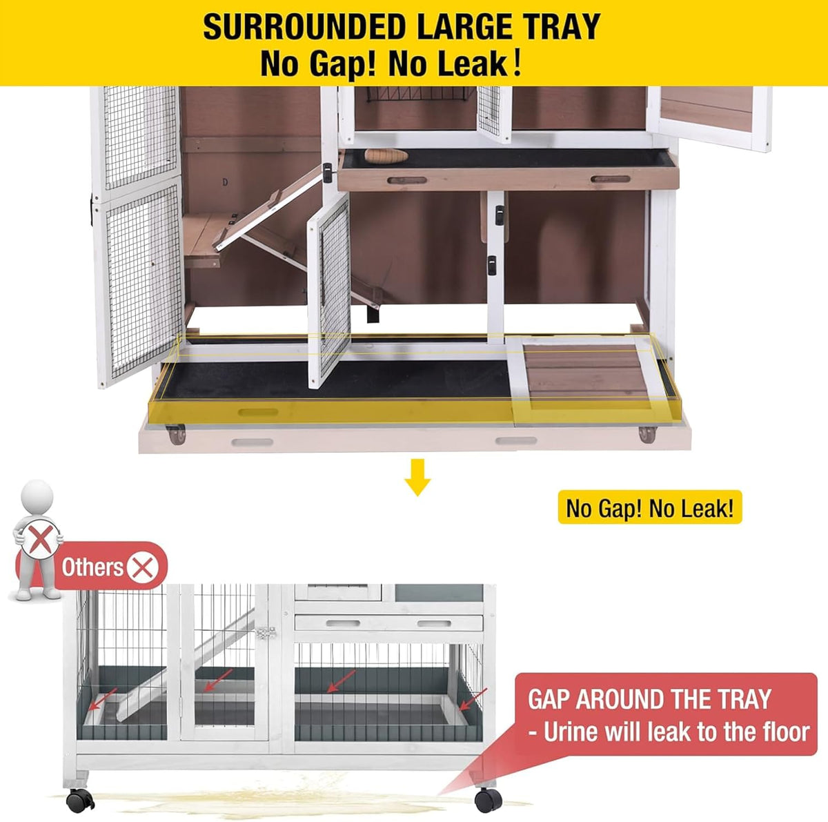 Aivituvin Rabbit Hutch Bunny Cage with Wheels Indoor Outdoor 47" Two Story Guinea Pig Cage with 2 Deep No Leak Tray