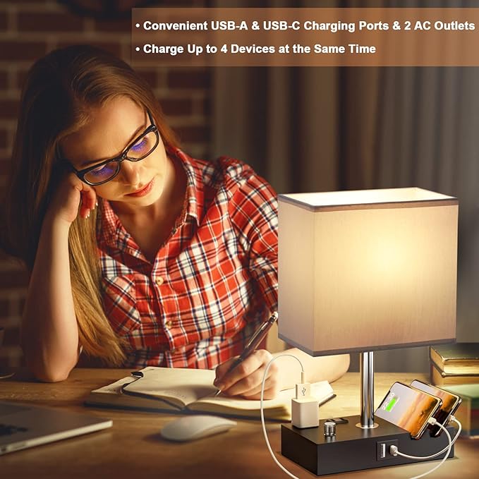 Kakanuo Table Lamp for Bedroom with Dual USB Ports, Grey Fully Dimmable Bedside Lamp with Phone Stands and 2 Charging Outlets, Desk Lamp for Nightstand and Living Room, LED Bulb Included