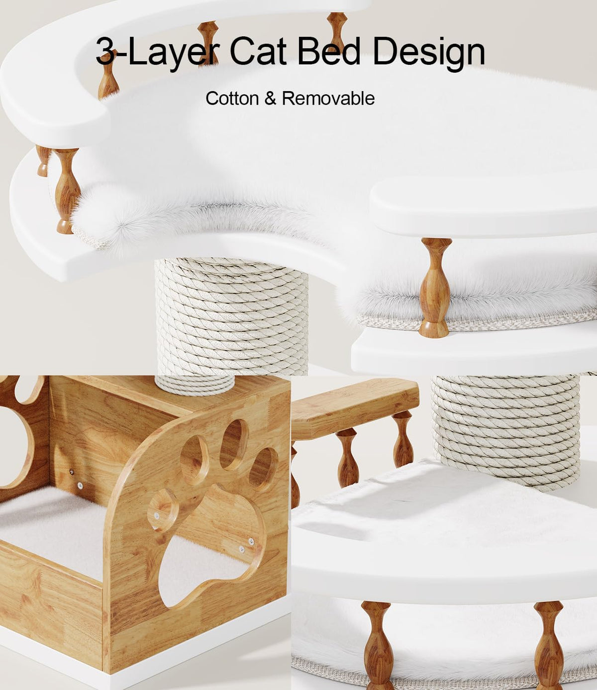 Modern Cat Tree, Solid Wooden Cats Tower, 37" Luxury Cats Trees Condo for Large Cat, Multi-Level Cat Tree Tower Natural Cat House Furniture, with Scratching Posts, Removable Washable Cushions