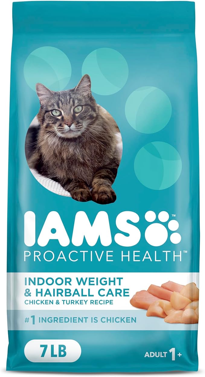 IAMS Proactive Health Indoor Weight Control & Hairball Care Adult Dry Cat Food, Chicken & Turkey Recipe, 7 lb. Bag