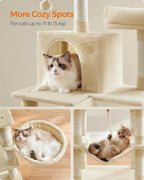 Feandrea Cat Tree, 66.1-Inch Large Cat Tower with 13 Scratching Posts, 2 Perches, 2 Caves, Basket, Hammock, Pompoms, Multi-Level Plush Cat Condo for Indoor Cats, Beige UPCT165M01