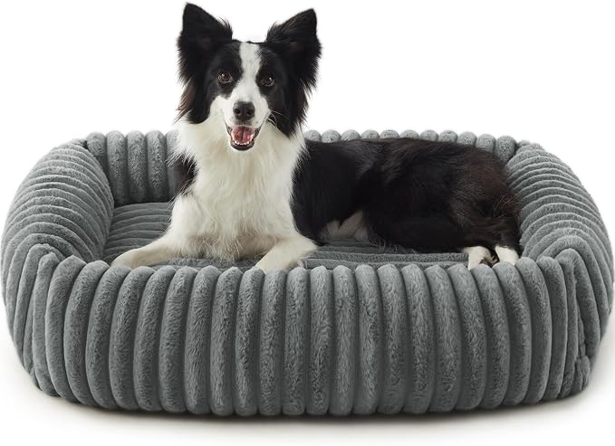 FURTIME Dog Beds Large Sized Dog, Washable Orthopedic Pet Bed with Removable Cover, Rectangle Soft Calming Sleeping Puppy Bed Durable Pet Cuddler with Anti-Slip Bottom, Grey, L(36"x27"x8")