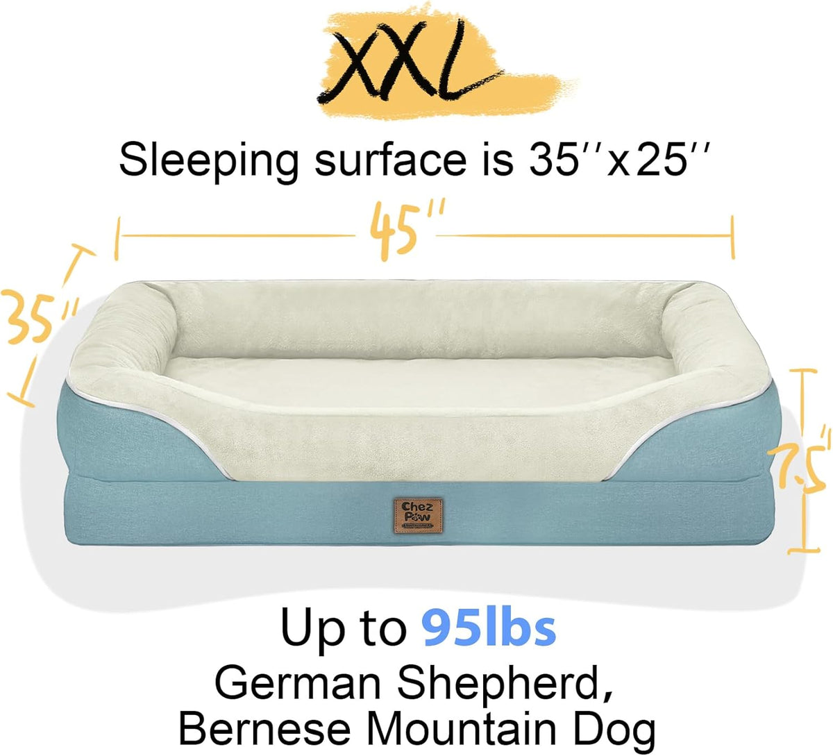 Washable Orthopedic Large Dog Bed - Dog Beds Large Sized Dogs with Removable Cover Waterproof Orthopedic XL Pet Bed with Bolster