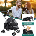 4 Wheels Pet Stroller for Medium Small Dog up to 50lbs, Dog Cat Stroller, Outdoor Travel Pet Folding Strollers, Cat Cage Strollers with Cup Holder, Breathable and Visible Mesh 1 Set