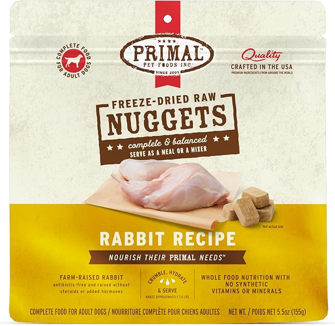Primal Freeze Dried Raw Dog Food Nuggets, Rabbit, Complete & Balanced Meal, Also Use as Topper or Treat, Premium, Healthy, Grain Free, High Protein Raw Dog Food, 5.5 oz