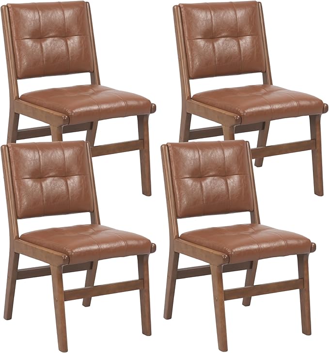 KCC Modern PU Leather Dining Chairs Set of 4, Upholstered Kitchen Chairs with Solid Wood Legs and Comfortable Seat for Dining Room/Lounge/Bedroom(Brown)