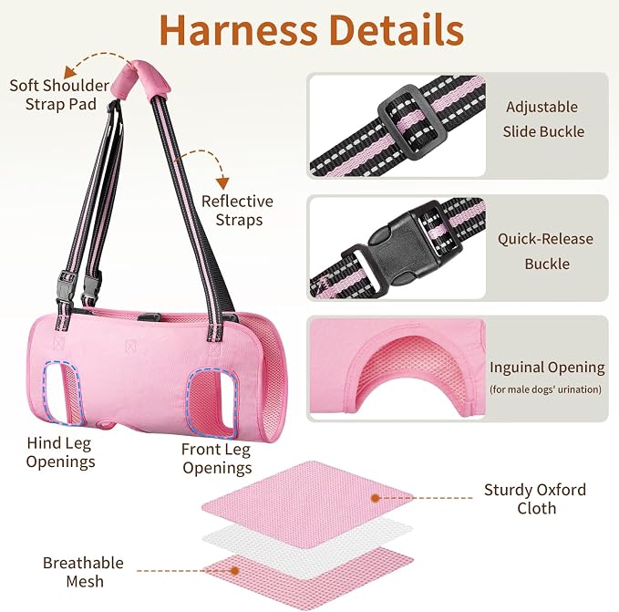 Full Body Dog Lift Harness, Support Senior & Disabled Dogs Walking | Help Up & Down Stairs Grooming, Dog Sling Backpack, Front Hind Leg Joint Injuries, Reflective, Soft Padded Handle | Pink, L