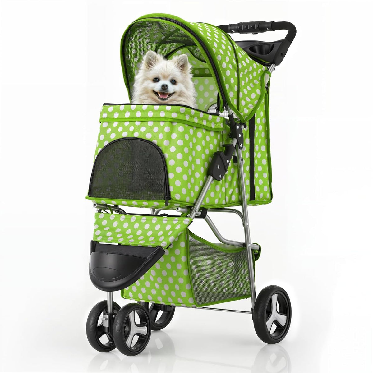MoNiBloom 3 Wheels Pet Dog Cat Stroller for Small Medium Dogs Cats, Foldable Jogger Stroller w/Storage Basket and Cup Holder, Lawn Green Polka Dots