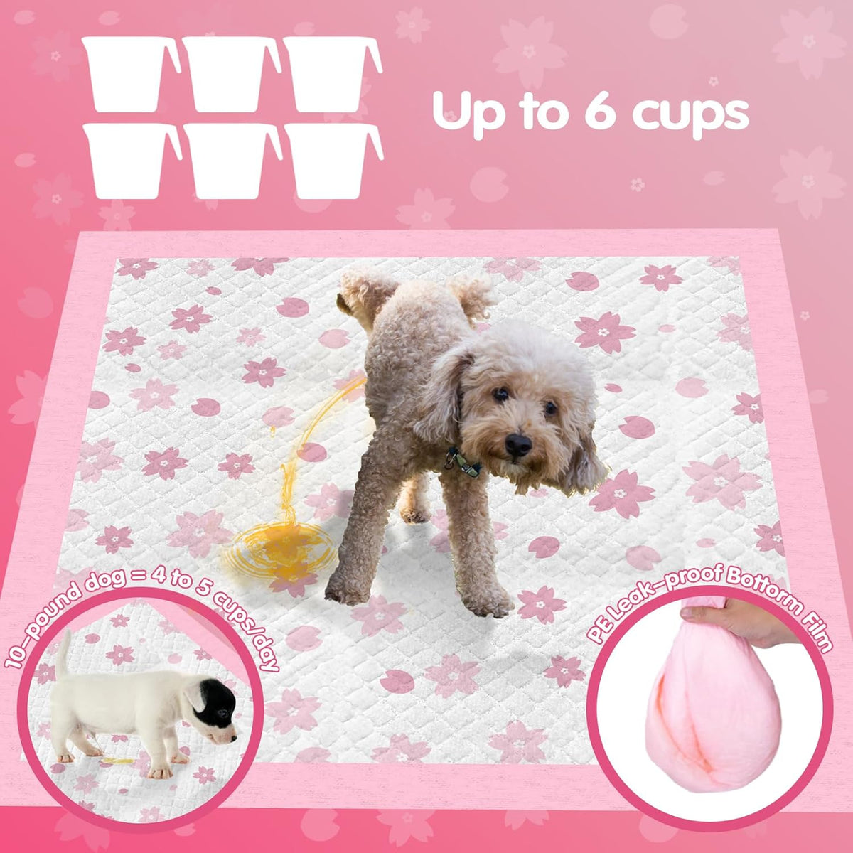 Pink Puppy Pads, Absorbent 23"x 23" 50 Count Cute Dog Pee Pad with Adhesive Tabs for Potty Training, Leak-Proof Quiky-Dry Pads for Puppies, Dogs, Cats, Rabbits(Pink, 23x23in 50Ct)